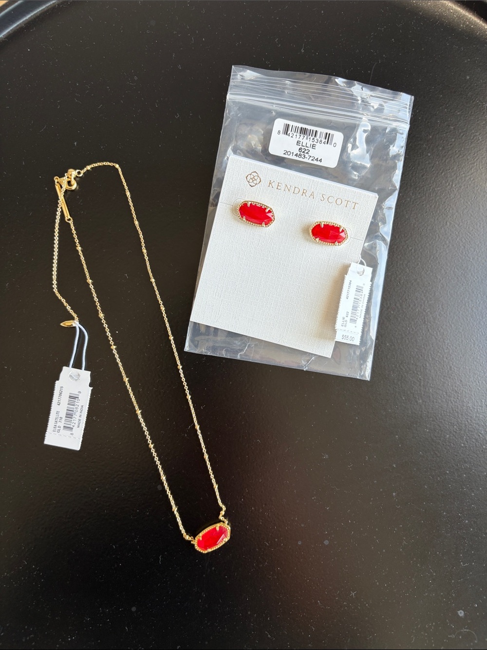 Kendra Scott Red and Gold Elyse Necklace with Matching Earrings